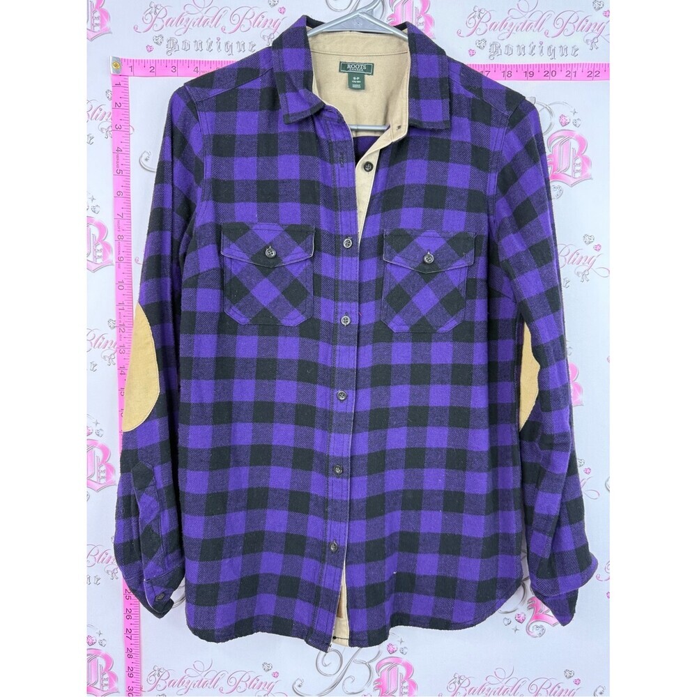 Roots jacket sweater Purple and Black Buffalo Plaid Shirt with Tan Elbow Patches